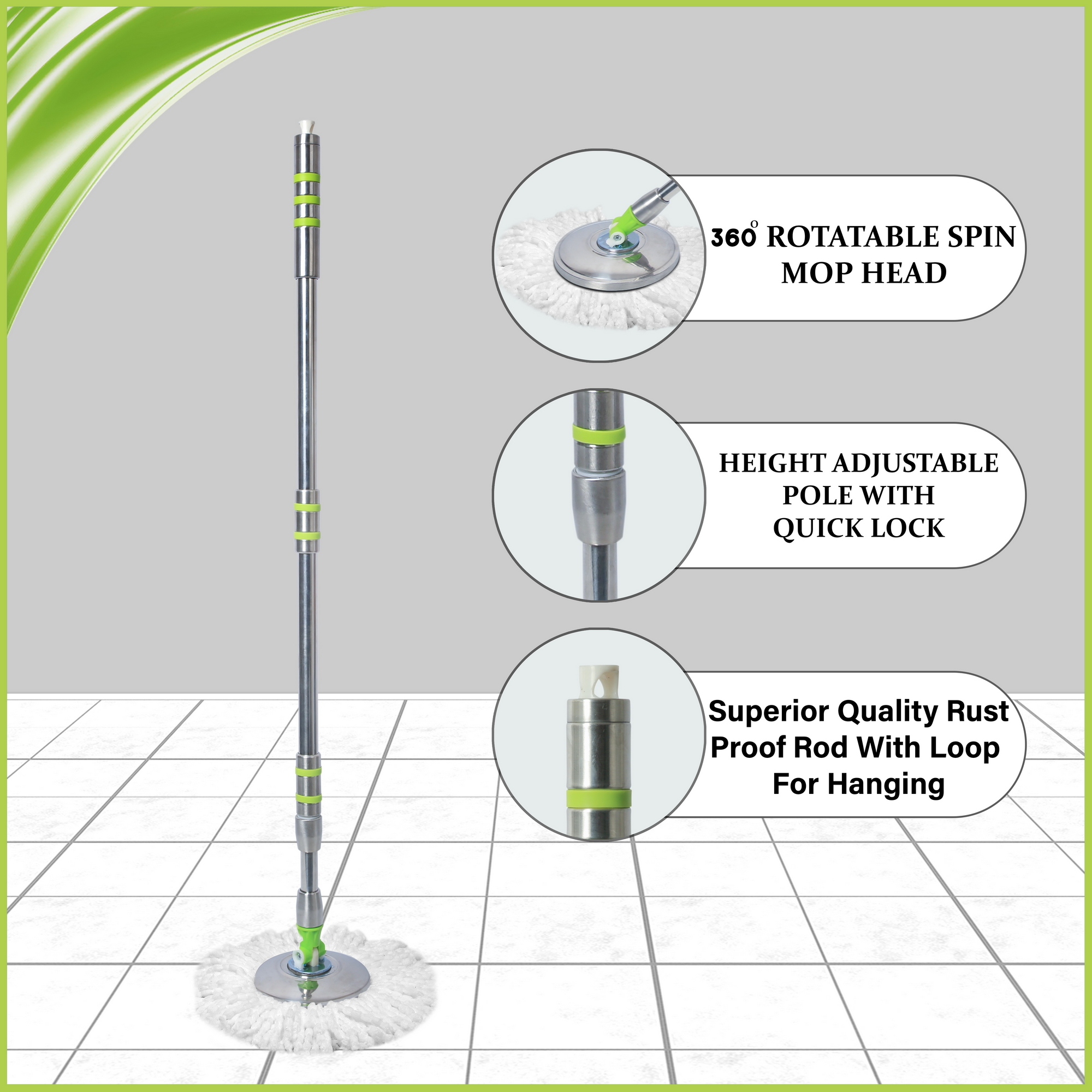 Fastclean Bucket Mop Handle And Dish And Refill - Stainless Steel And Cotton Blend, Blue, Green, Pink, Sky Blue | 3-part Handle Set, Original Microfiber Technology, 3x Better Cleaning