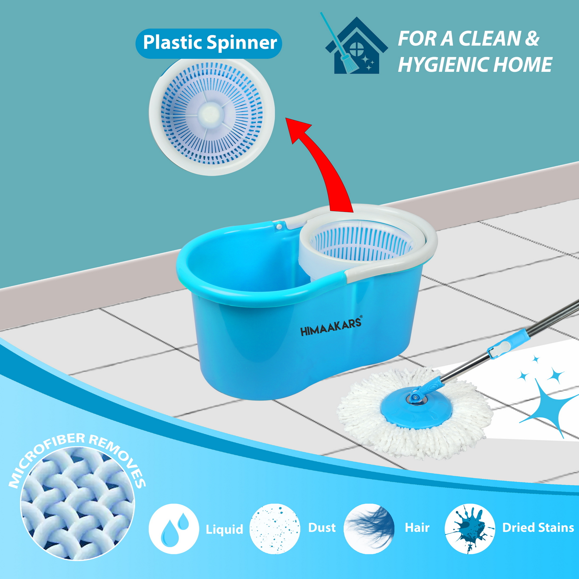 Fastclean Spin Mop 360 Degree (Plastic) - Strong Virgin Plastics, Blue And White Color | Sturdy Bucket, 360 Degree Spin Head, Soaks Up Spills