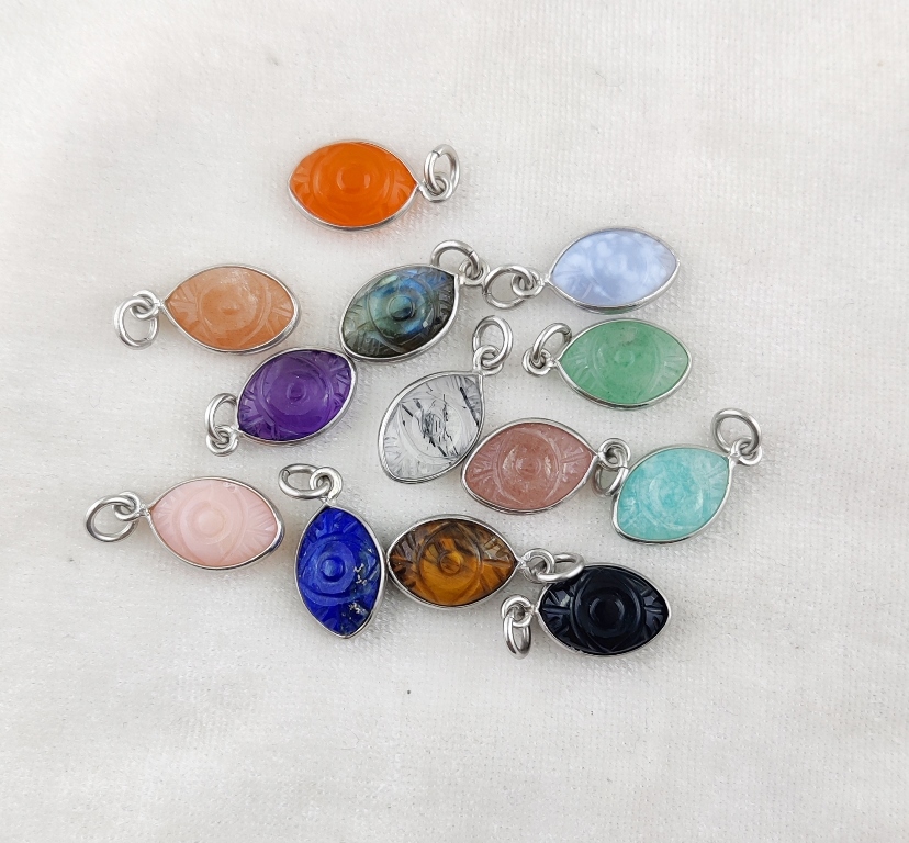 Same As Photo Lapis Lazuli Evil Eye Carving Sterling Silver Marquise Shape 8x12mm Charm