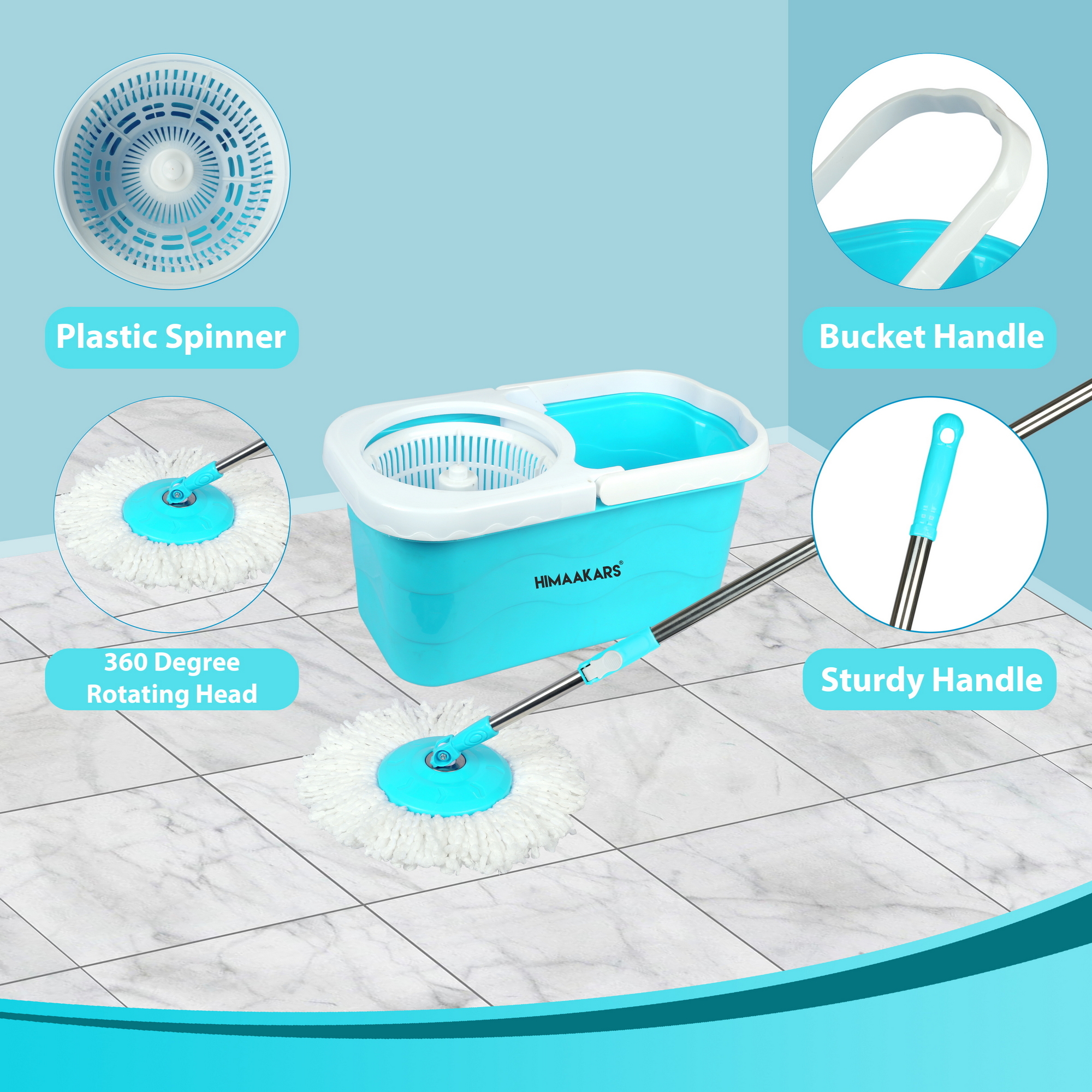 Fastclean Spinz Bucket Mop (Plastic) - Strong Virgin Plastics, 360-degree Spin Head, Blue | Sturdy Bucket For Trouble-free Use, Soaks Big Spills