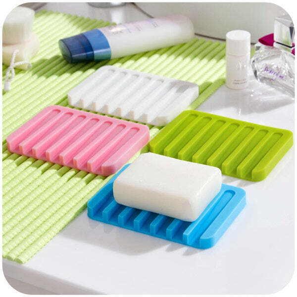 Silicone Soap Holder Soap Dish Stand Saver Tray Case For Shower (0810) - Flexible Food Grade Silicone, 4.3"x3.1"x0.4", Multi-color | Anti-bacterial, Heat Resistant, Non-skid Surface, Sloped Drainer Board
