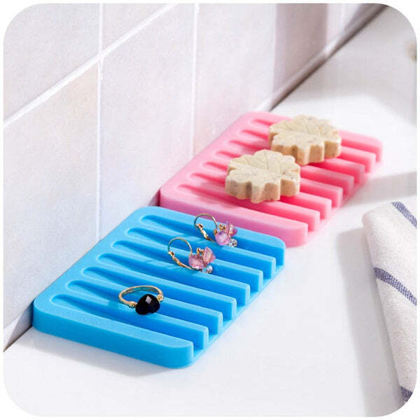 Silicone Soap Holder Soap Dish Stand Saver Tray Case For Shower (0810) - Flexible Food Grade Silicone, 4.3"x3.1"x0.4", Multi-color | Anti-bacterial, Heat Resistant, Non-skid Surface, Sloped Drainer Board