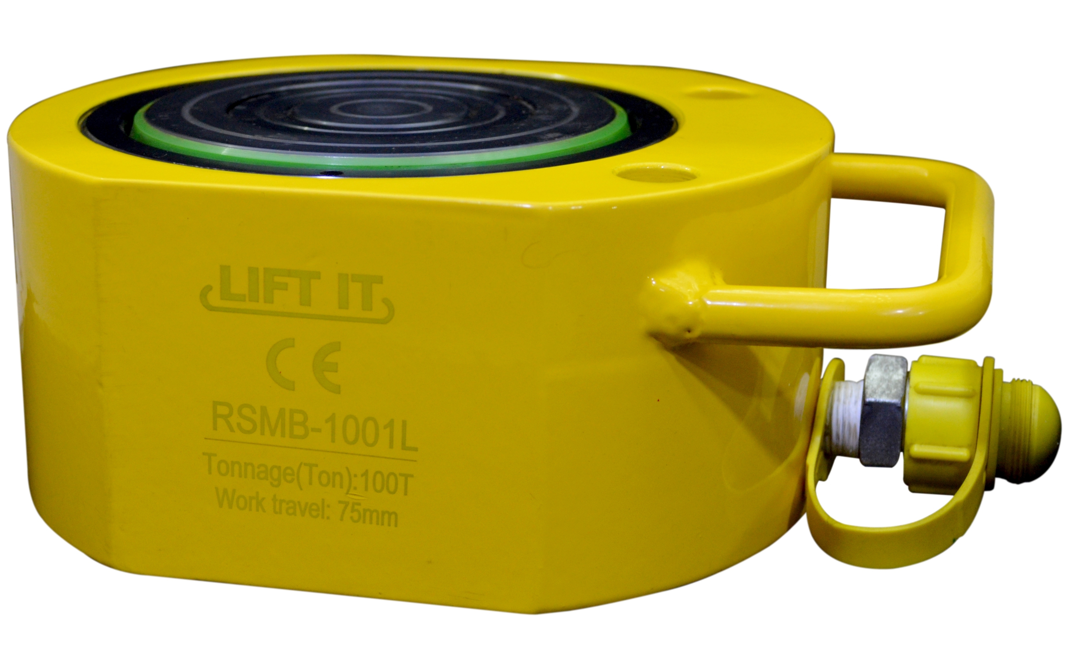 Liftit Low Height Hydraulic Button Jack - 100 Ton Capacity, 16mm Stroke Length, Spring Return Feature, Yellow Finish, Heavy-duty Alloy Steel, Portable Design, Ideal For Industrial Applications