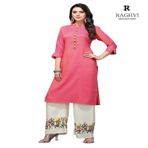 Women Kurti With Plazo - Cotton Satin Fabric, Customized Sizes S-xl, Long Sleeve Modern Style | No Fade, Quick Dry, Washable, Casual And Formal Wear