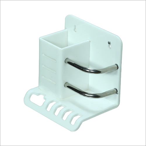 Acrylic 3 In 1 Brush Holder - 5mm Thick, Rectangular Shape, Glossy White Finish | Wall Mounted, Integrated Toothpaste & Essentials Storage