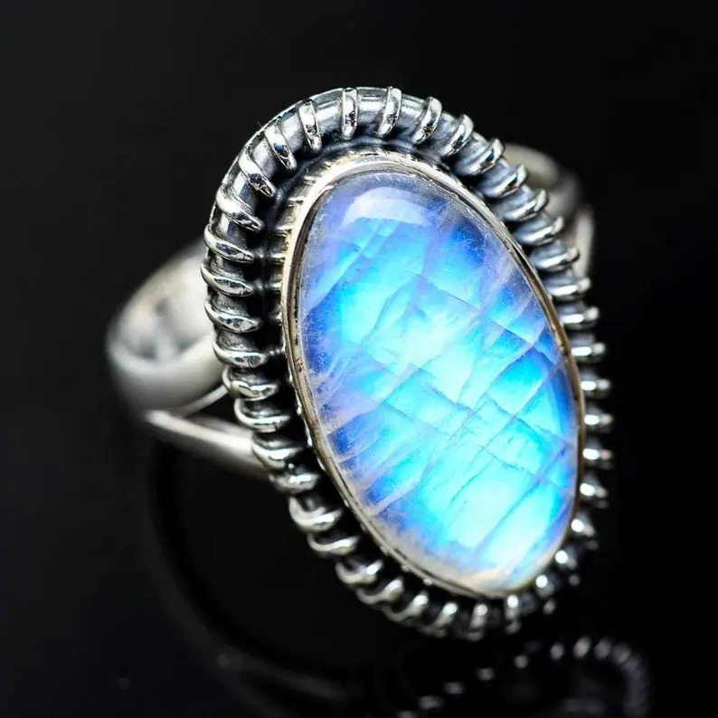 Rainbow Moonstone Oval Cabochon Dual Band Braided Statement Silver Gemstone Ring Gender: Women