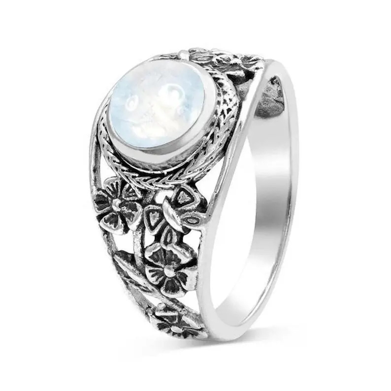 Rainbow Moonstone Round Cabochon Floral Design Statement Silver Gemstone Ring Gender: Women