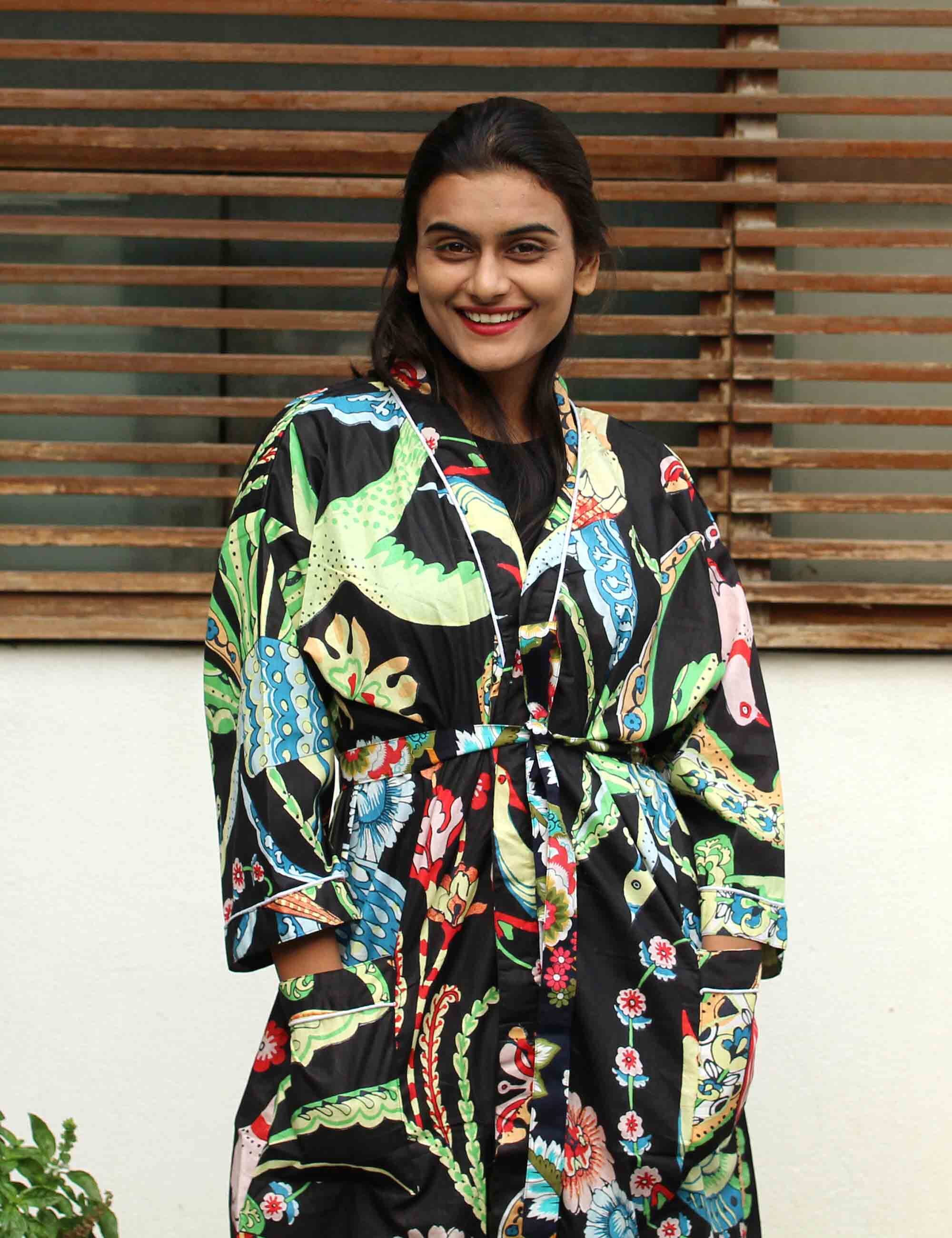 Frida Kahlo Printed Cotton Kaftan Kimono Robe - Free Size, Black Color, Washable, Unisex Design, Two Pockets, V-neck Style, Perfect For Bathing, Evening Wear, Beach Cover-up