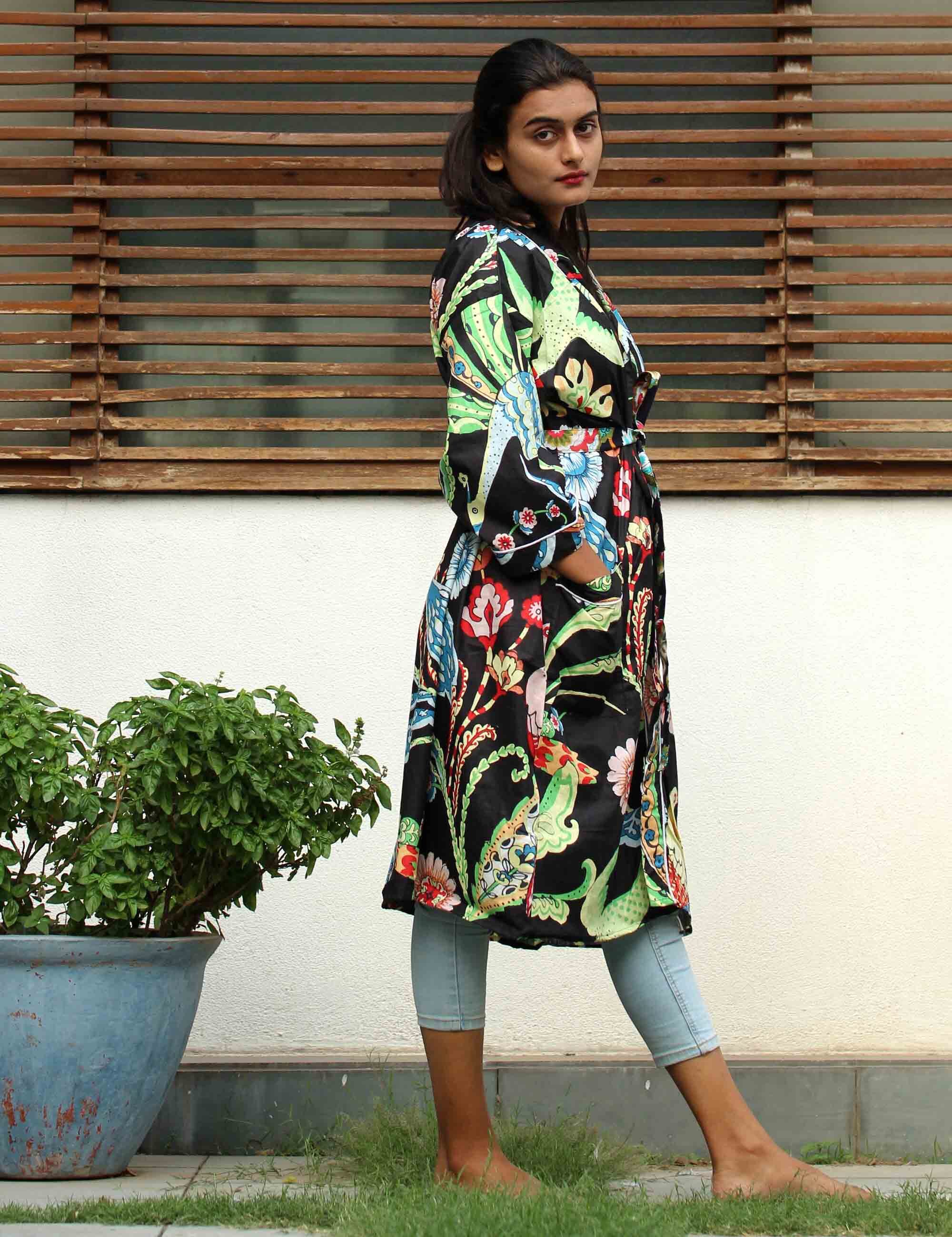 Frida Kahlo Printed Cotton Kaftan Kimono Robe - Free Size, Black Color, Washable, Unisex Design, Two Pockets, V-neck Style, Perfect For Bathing, Evening Wear, Beach Cover-up