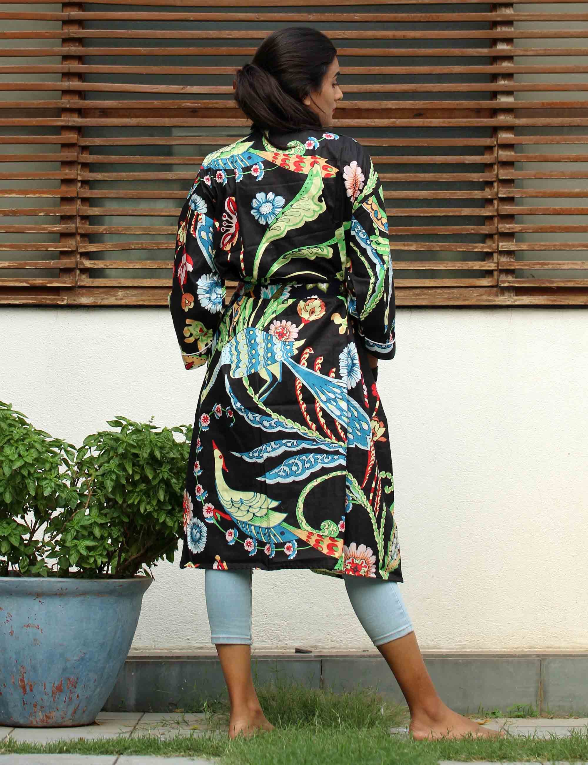 Frida Kahlo Printed Cotton Kaftan Kimono Robe - Free Size, Black Color, Washable, Unisex Design, Two Pockets, V-neck Style, Perfect For Bathing, Evening Wear, Beach Cover-up