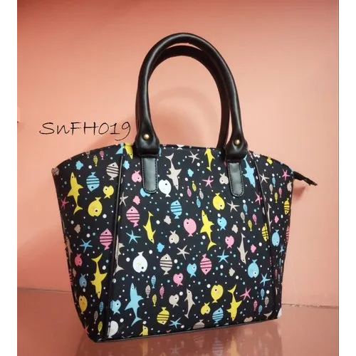Blue-white-brown Ladies Printed Zipper Hand Bag