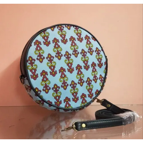 Printed Round Sling Bag - Cotton Fabric, 9x9x2 Inch, Blue-brown Color | Attractive Printed Design, Easy To Clean, Flexible Adjustable Strap