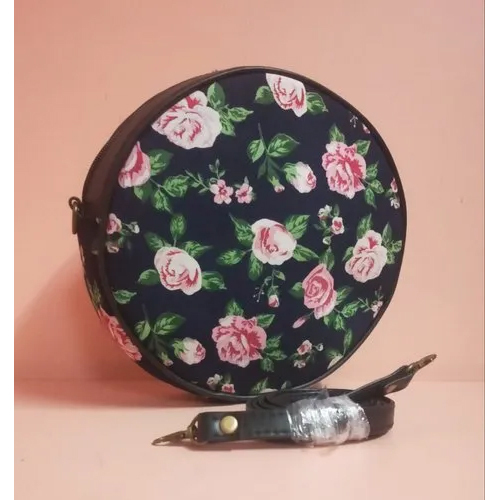 Printed Round Sling Bag - Cotton Fabric, 9x9x2 Inch, Blue-brown Color | Attractive Printed Design, Easy To Clean, Flexible Adjustable Strap