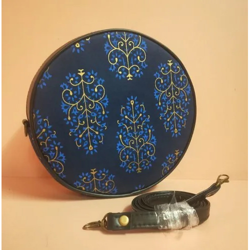 Printed Round Sling Bag - Cotton Fabric, 9x9x2 Inch, Blue-brown Color | Attractive Printed Design, Easy To Clean, Flexible Adjustable Strap