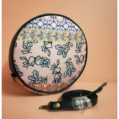 Printed Round Sling Bag - Cotton Fabric, 9x9x2 Inch, Blue-brown Color | Attractive Printed Design, Easy To Clean, Flexible Adjustable Strap