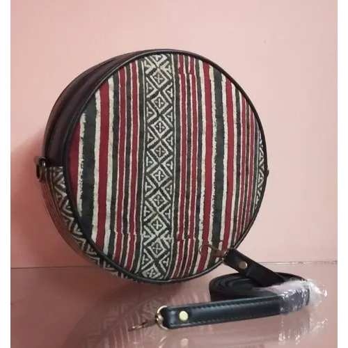 Printed Round Sling Bag - Cotton Fabric, 9x9x2 Inch, Blue-brown Color | Attractive Printed Design, Easy To Clean, Flexible Adjustable Strap