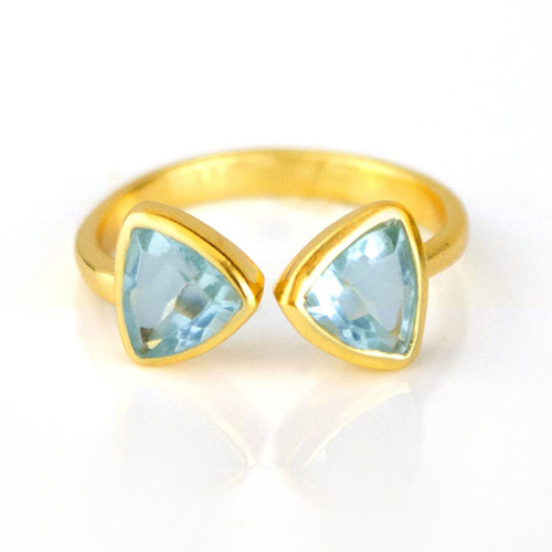 Blue Quartz Gemstone Triangle Shape Bezel Set Gold Vermeil Adjustable Ring Size: 8mm