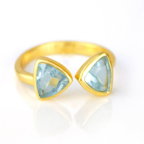 Blue Quartz Gemstone Triangle Shape Bezel Set Gold Vermeil Adjustable Ring Size: 8mm
