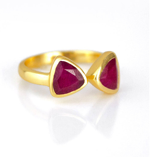 Dyed Ruby Gemstone Triangle Shape Bezel Set Gold Vermeil Adjustable Ring Size: 8mm