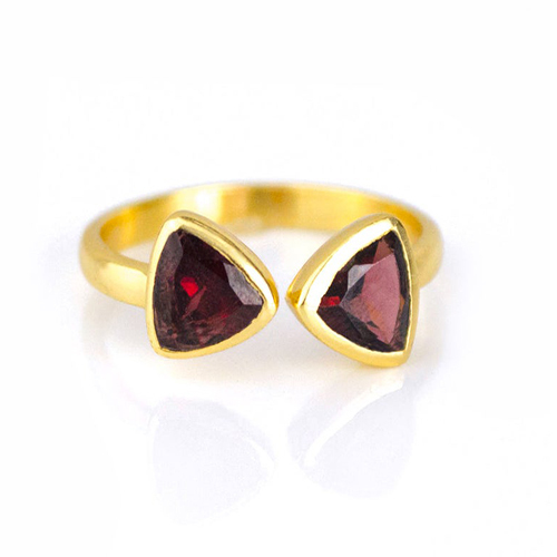 Garnet Quartz Gemstone Triangle Shape Bezel Set Gold Vermeil Adjustable Ring Size: 8mm