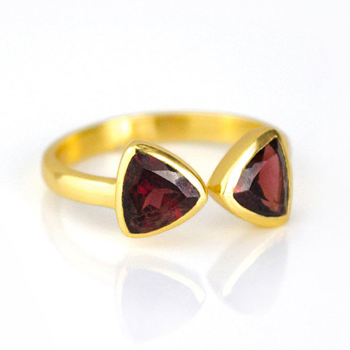 Garnet Quartz Gemstone Triangle Shape Bezel Set Gold Vermeil Adjustable Ring Size: 8mm