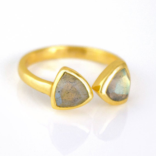 Labradorite Gemstone Triangle Shape Bezel Set Gold Vermeil Adjustable Ring Size: 8mm