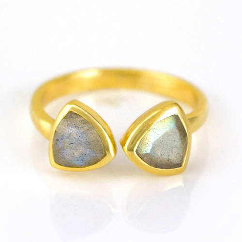 Labradorite Gemstone Triangle Shape Bezel Set Gold Vermeil Adjustable Ring Size: 8mm