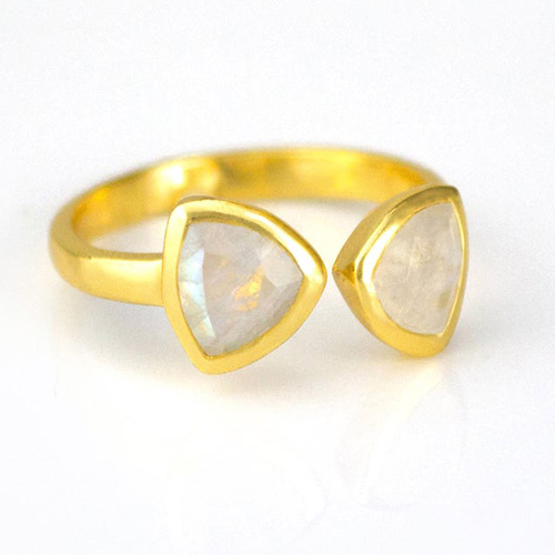 Rainbow Moonstone Gemstone Triangle Shape Bezel Set Gold Vermeil Adjustable Ring Size: 8mm
