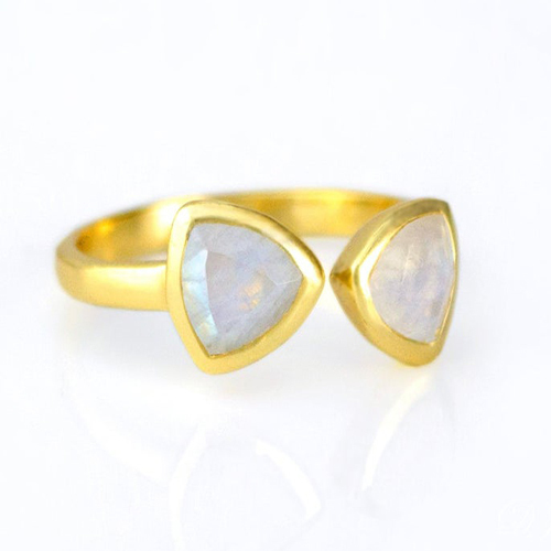 Rainbow Moonstone Gemstone Triangle Shape Bezel Set Gold Vermeil Adjustable Ring Size: 8mm