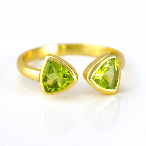 Peridot Quartz Gemstone Triangle Shape Bezel Set Gold Vermeil Adjustable Ring Size: 8mm