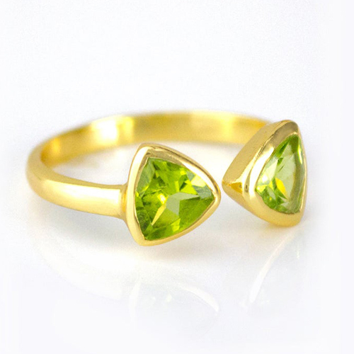 Peridot Quartz Gemstone Triangle Shape Bezel Set Gold Vermeil Adjustable Ring Size: 8mm