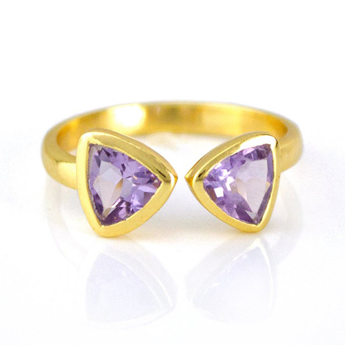 Amethyst Gemstone Triangle Shape Bezel Set Gold Vermeil Adjustable Ring Size: 8mm