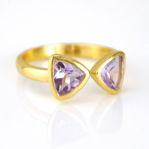 Amethyst Gemstone Triangle Shape Bezel Set Gold Vermeil Adjustable Ring Size: 8mm