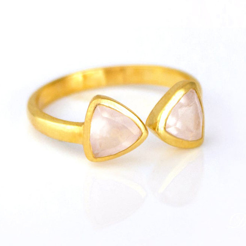 Rose Quartz Triangle Shape Bezel Set Ring - Gold Vermeil Adjustable, 8mm Gemstone In Sterling Silver And Rose Gold Plating