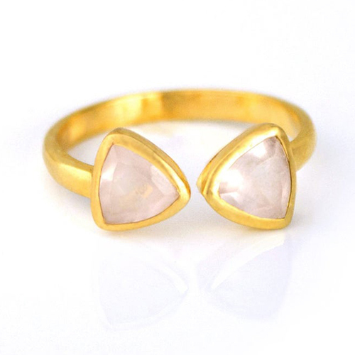 Rose Quartz Triangle Shape Bezel Set Ring - Gold Vermeil Adjustable, 8mm Gemstone In Sterling Silver And Rose Gold Plating
