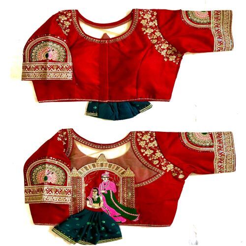 Designer Blouse - Sleeveless Red Ladies Blouse With Mirror Work And Printed Patterns | Ethnic Indian Style, Dry Clean Only
