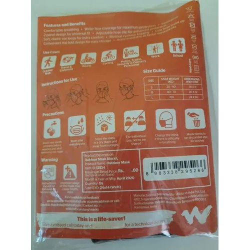 Wildcraft W95 Reusable Face Mask - Melt Blown Fabric Multiple Use | Suitable For All Ages Adjustable Fit Black Color