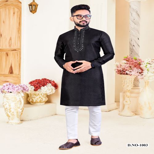 Kurta With Pajama - Corian Silk Fabric, Sizes M 38 To 3xl 46, Resham Work Neck Pattern | Traditional Men's Wear For Festive Occasions