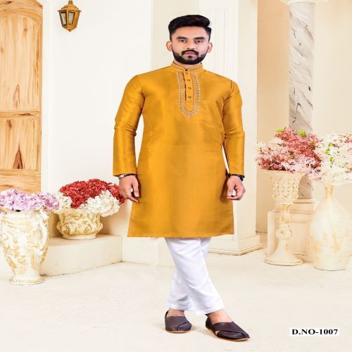 Kurta With Pajama - Corian Silk Fabric, Sizes M 38 To 3xl 46, Resham Work Neck Pattern | Traditional Men's Wear For Festive Occasions