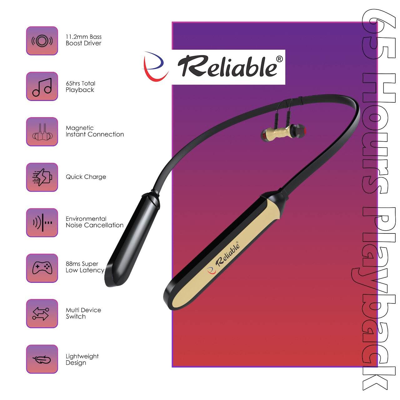 Smart Neckband - 150x30x15 Mm, Gold | 200 Mah Battery, Bluetooth 5.0, Bass Enhanced, Comfortable Fit, Wireless Audio, Hands-free Calling