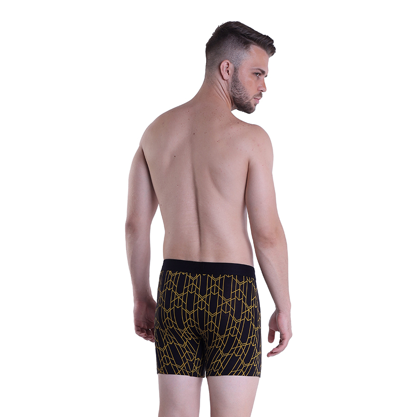 Golden Abstract Print Boxer Underwear - Bamboo Fiber, Sizes S-xl, Bright Yellow, Mid Rise Waist, Printed Design, Pack Of 3 Pieces