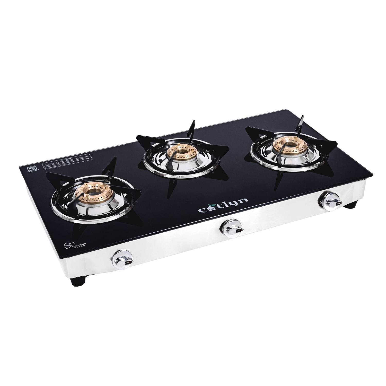 Manual Three Burner Black Glass Stove With Ss Frame