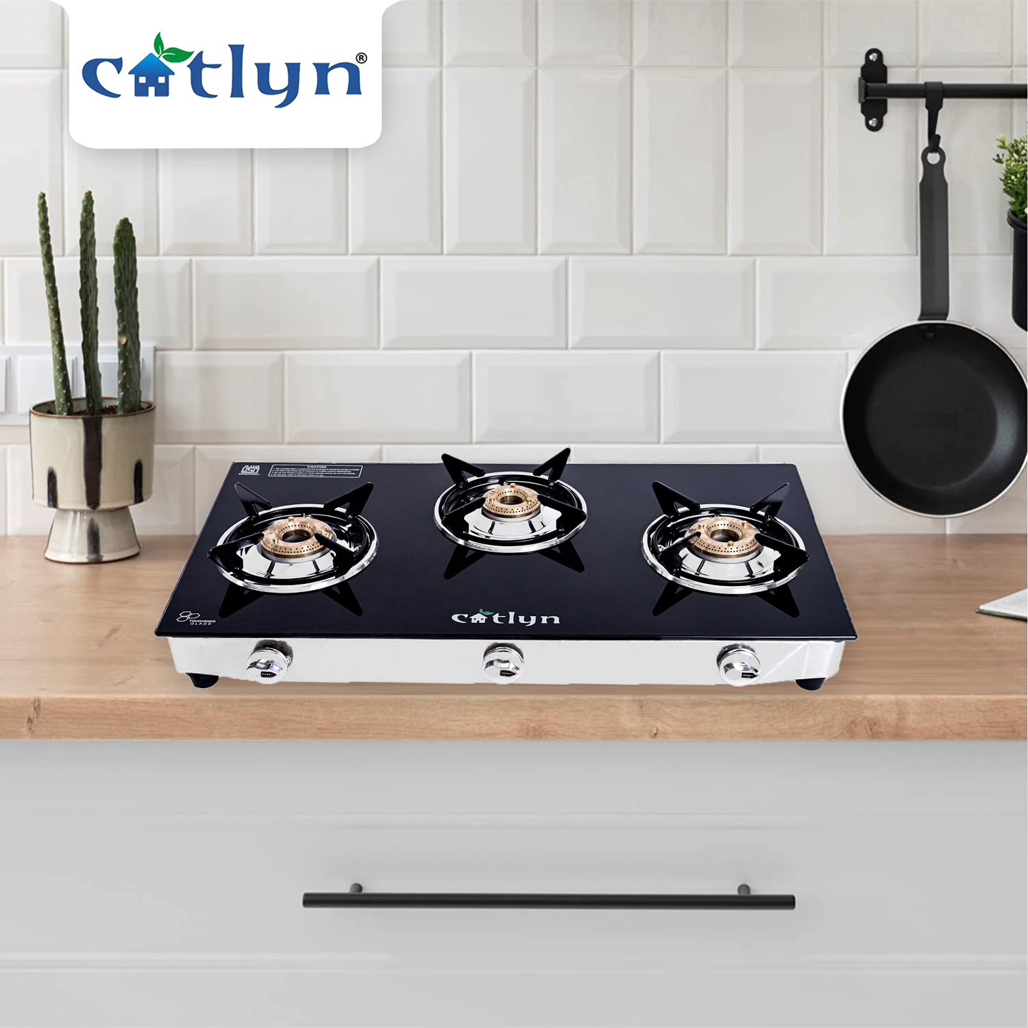 Manual Three Burner Black Glass Stove With Ss Frame