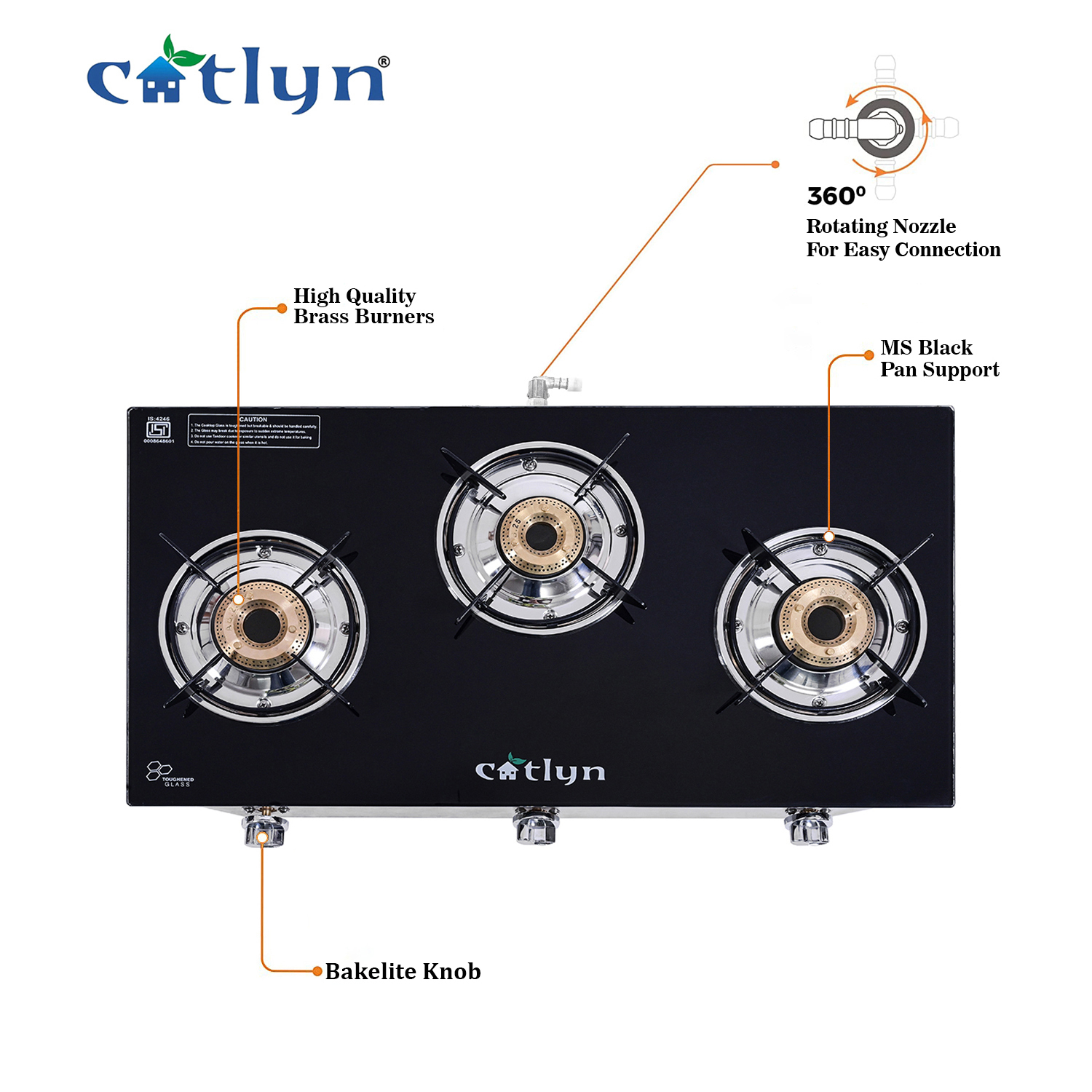 Manual Three Burner Black Glass Stove With Ss Frame