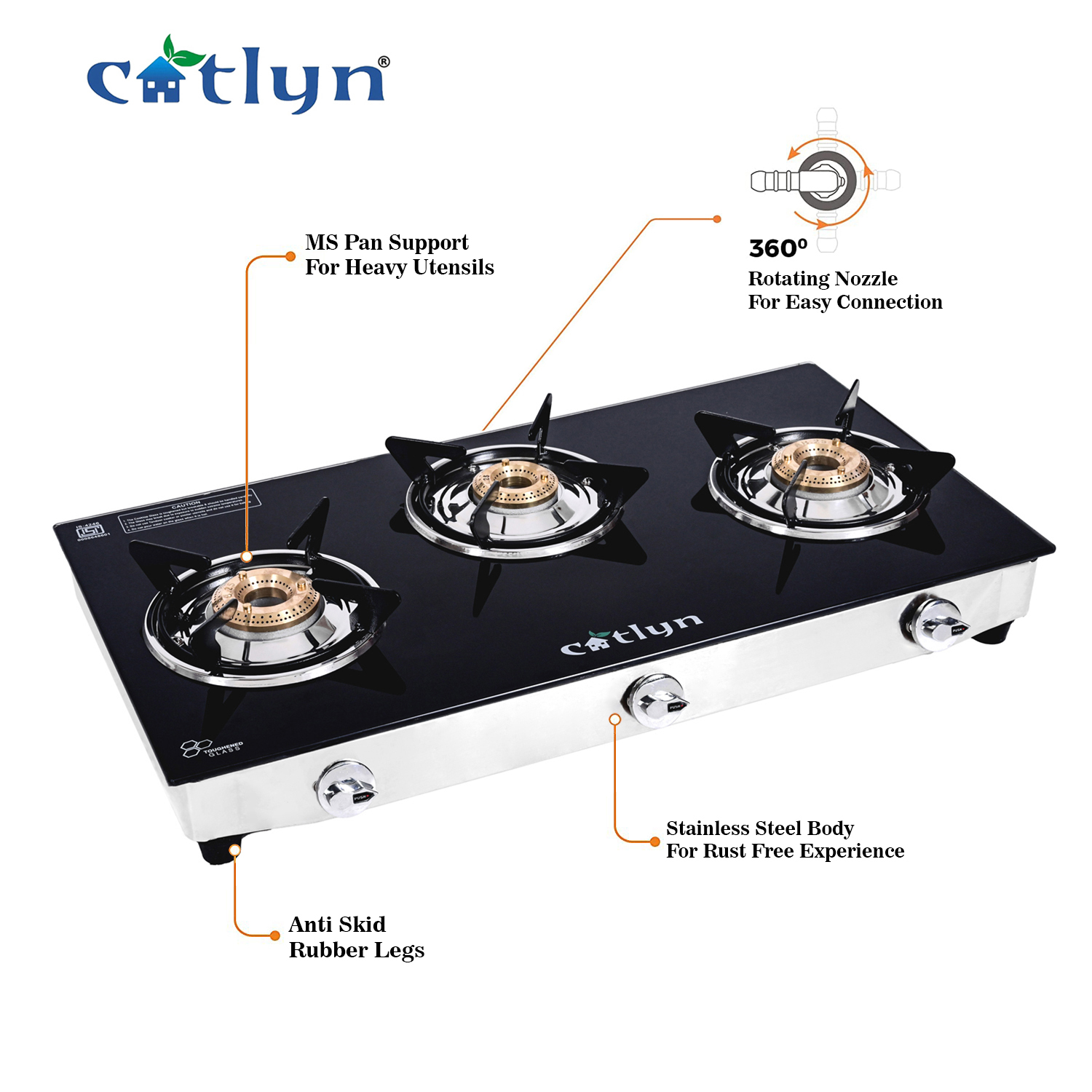 Manual Three Burner Black Glass Stove With Ss Frame