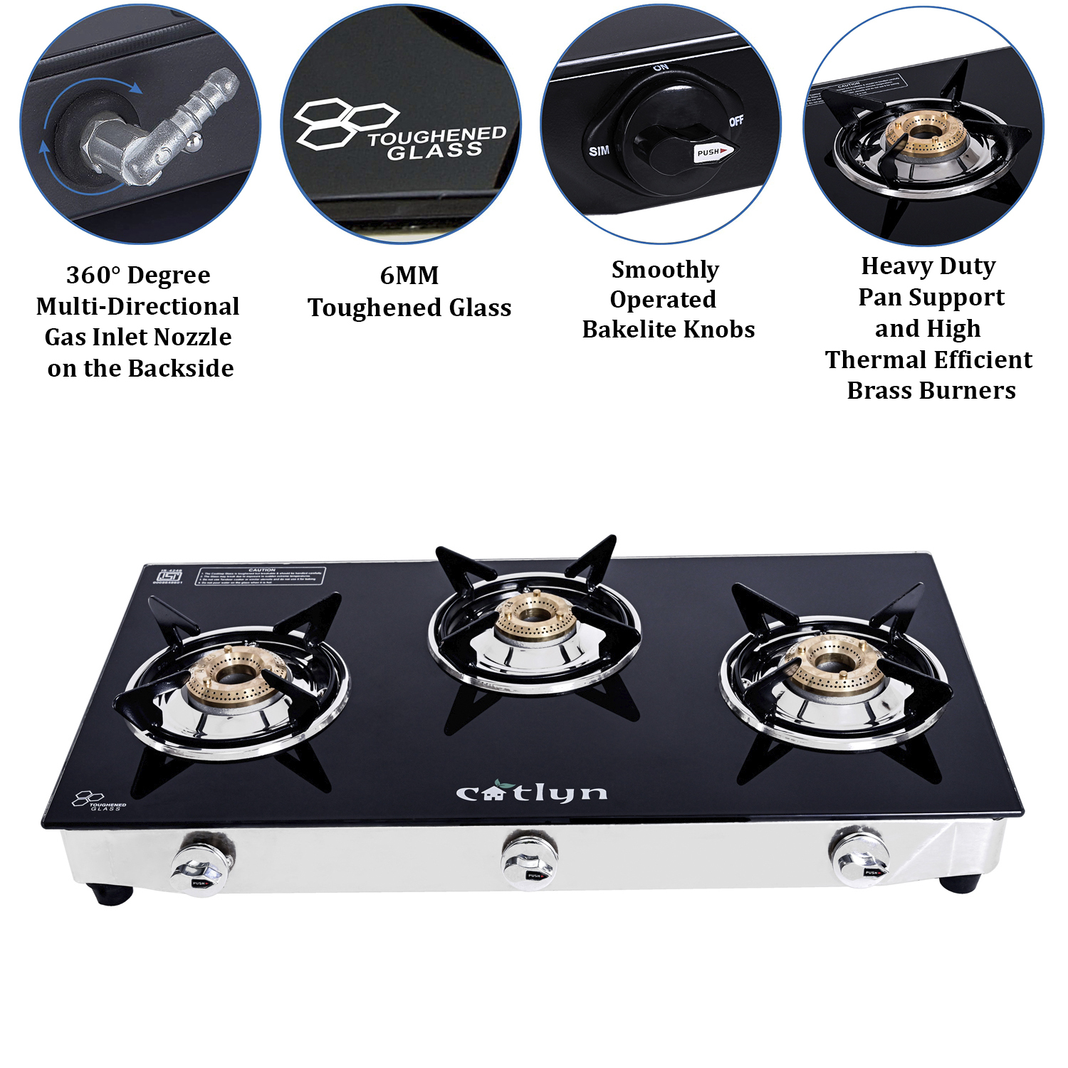 Manual Three Burner Black Glass Stove With Ss Frame