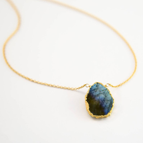 Labradorite Gemstone Slice Sterling Silver Gold Vermeil Necklace Size: 12x15mm