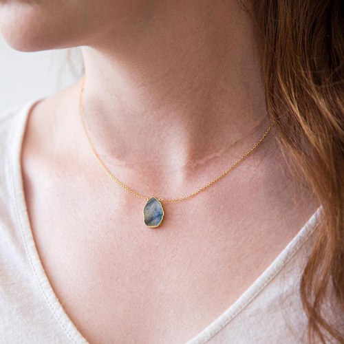 Labradorite Gemstone Slice Sterling Silver Gold Vermeil Necklace Size: 12x15mm