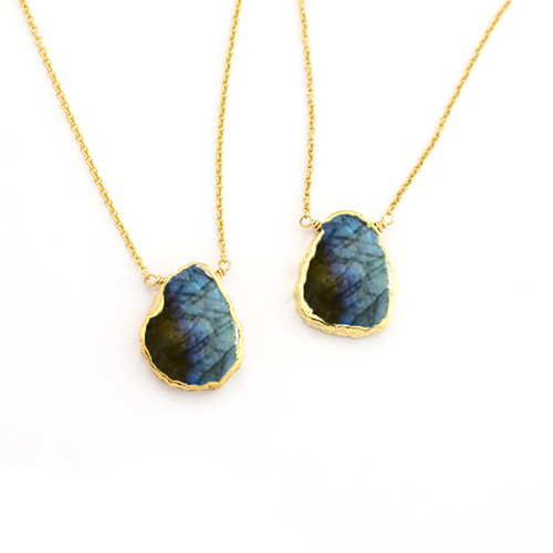 Labradorite Gemstone Slice Sterling Silver Gold Vermeil Necklace Size: 12x15mm