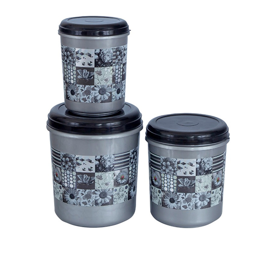 Printed Plastic Storage Container - Set of 3, Transparent Airtight Round Food Container in Matte Black with Eco-Friendly Feature
